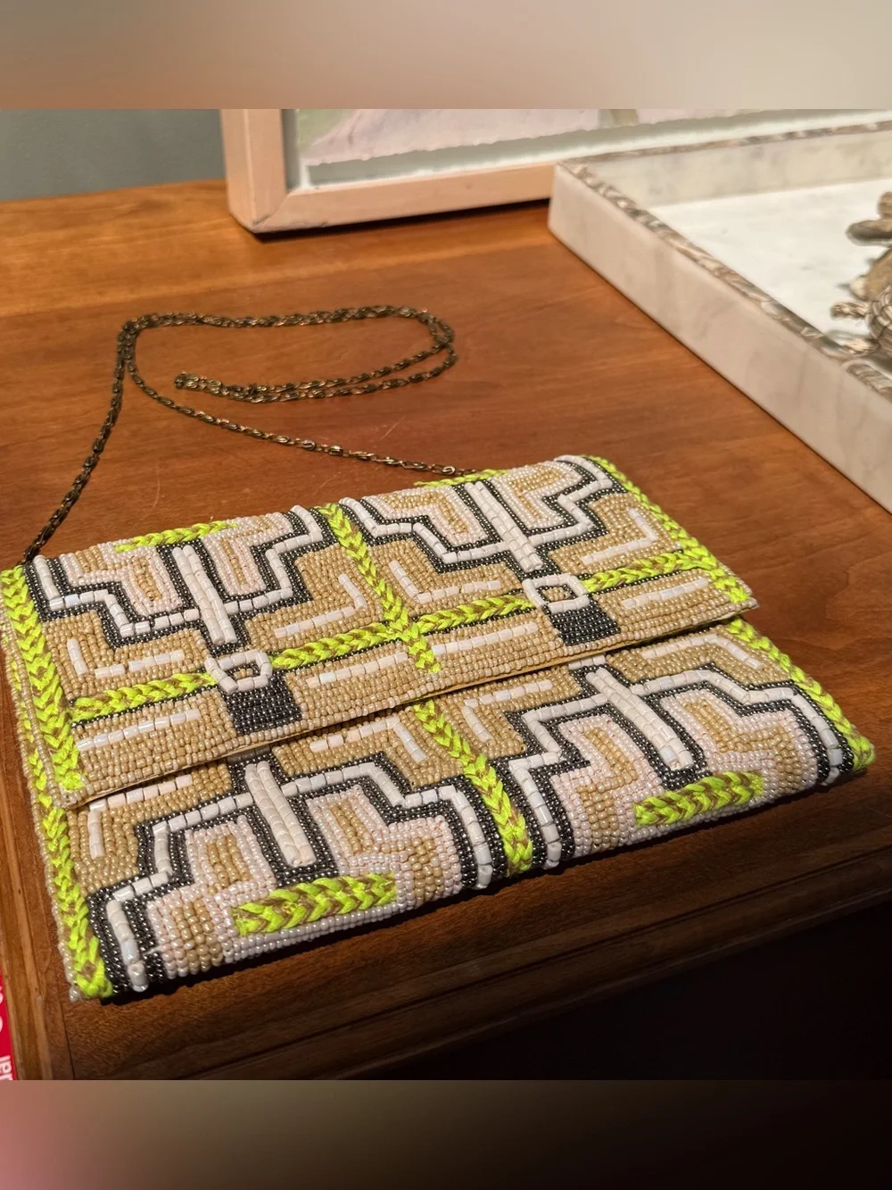 Beaded Geometric Clutch Crossbody – Cream Gunmetal Lime